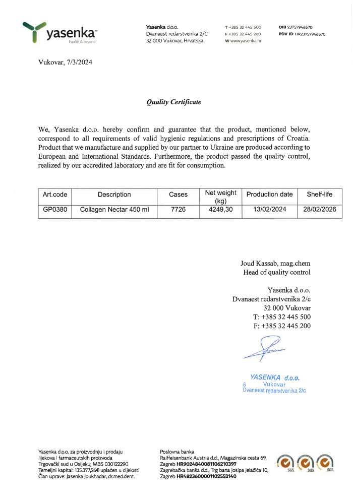 Collagen Nectar Quality Certificate